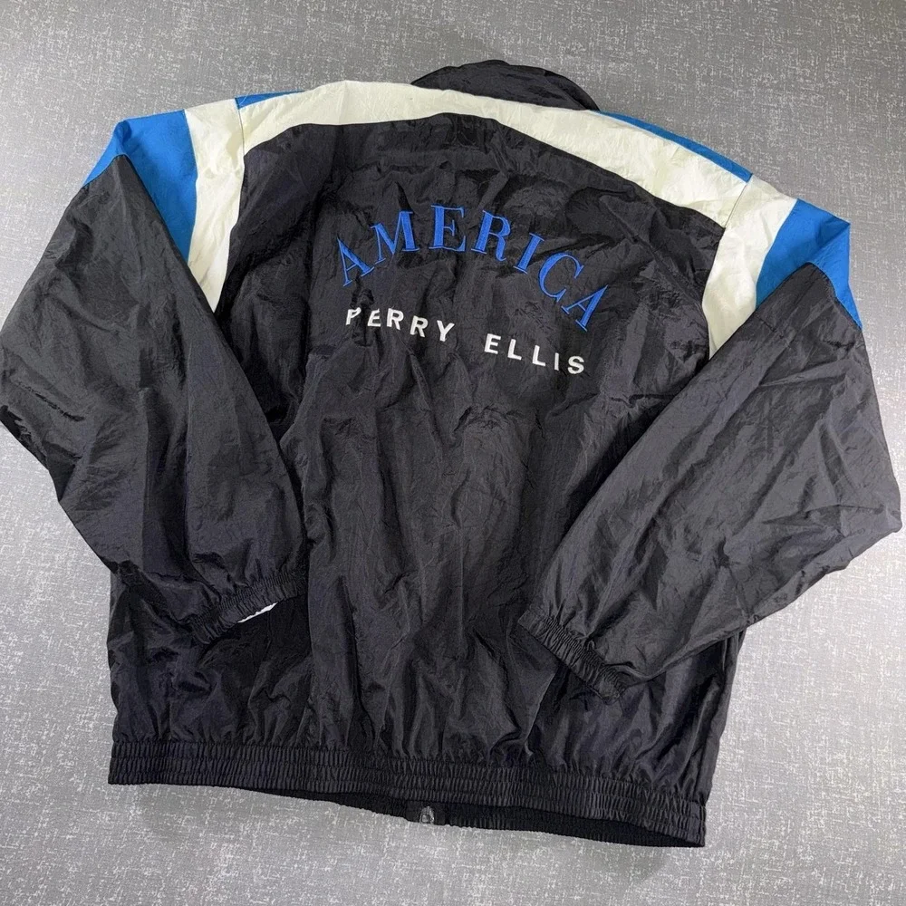 Perry Ellis America Jacket Mens XL Black Nylon Windbreaker Patriotic Logo
